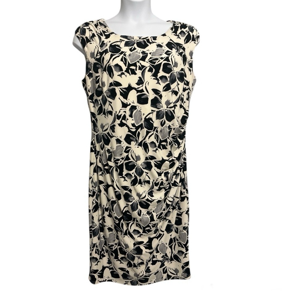 Lauren Ralph Lauren Black & Cream Floral Ruched Dress | Size 16W Plus